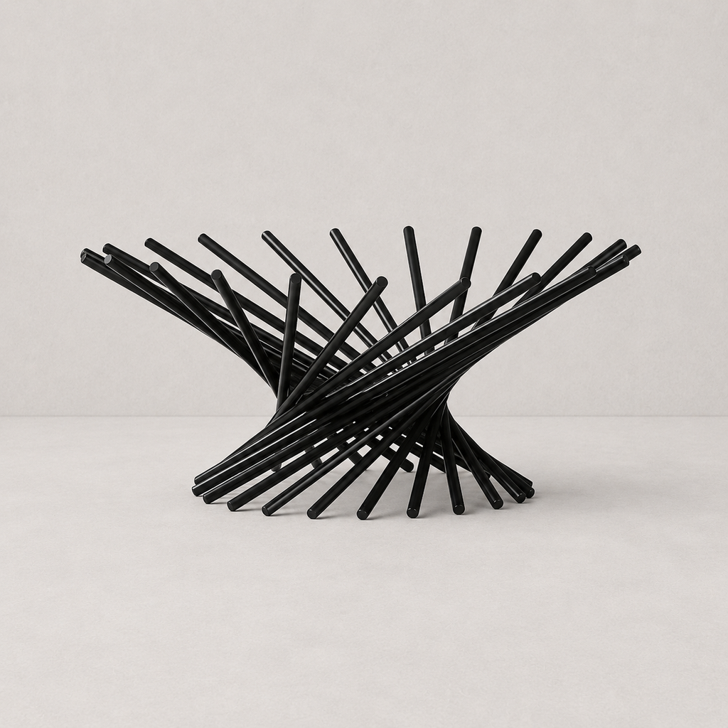 Black metal chair with a modern design on a light gray background