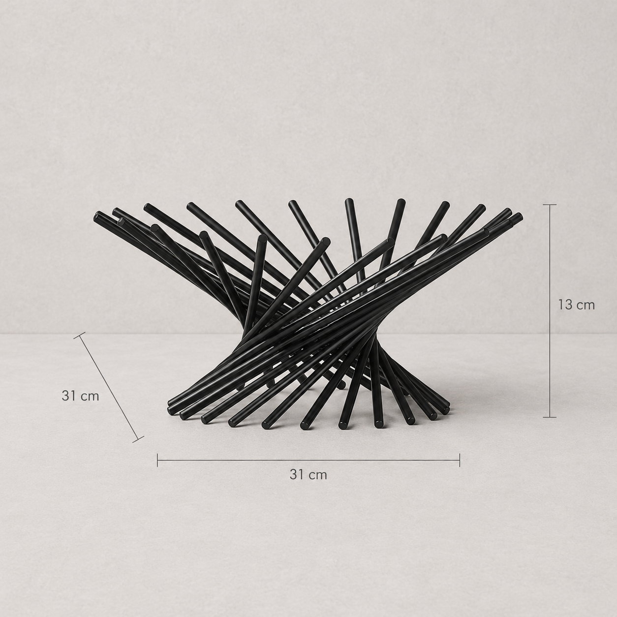 Black metal bowl with dimensions on a light gray background