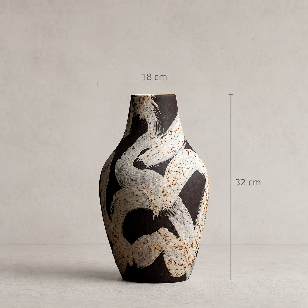 Ceramic vase with abstract design and measurements on a neutral background