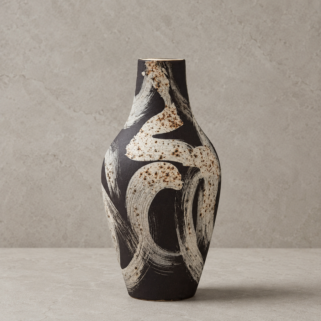 Ceramic vase with abstract design on a gray background