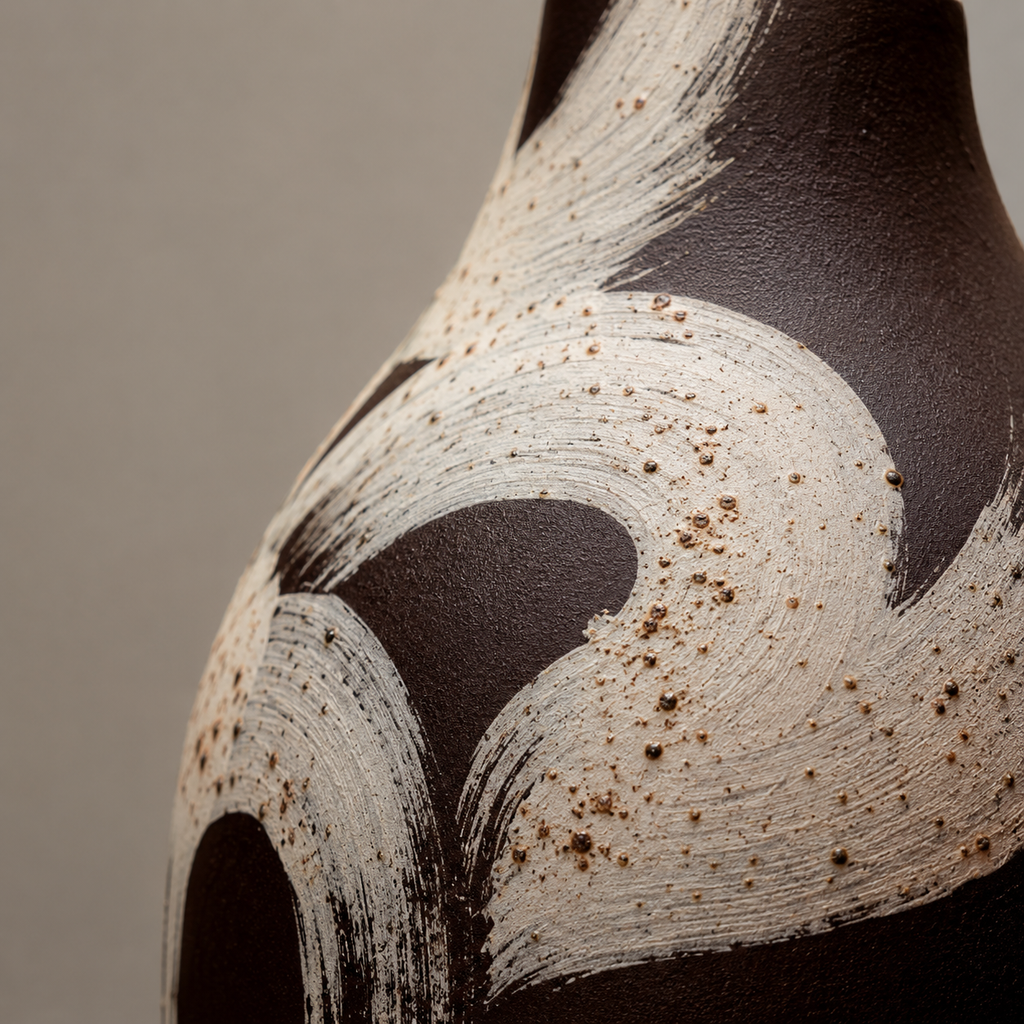 Close-up of a ceramic vase with textured surface and brown speckles on a neutral background