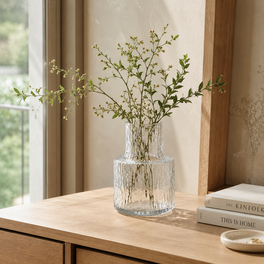 Clear glass vase with greenery on a wooden surface next to books