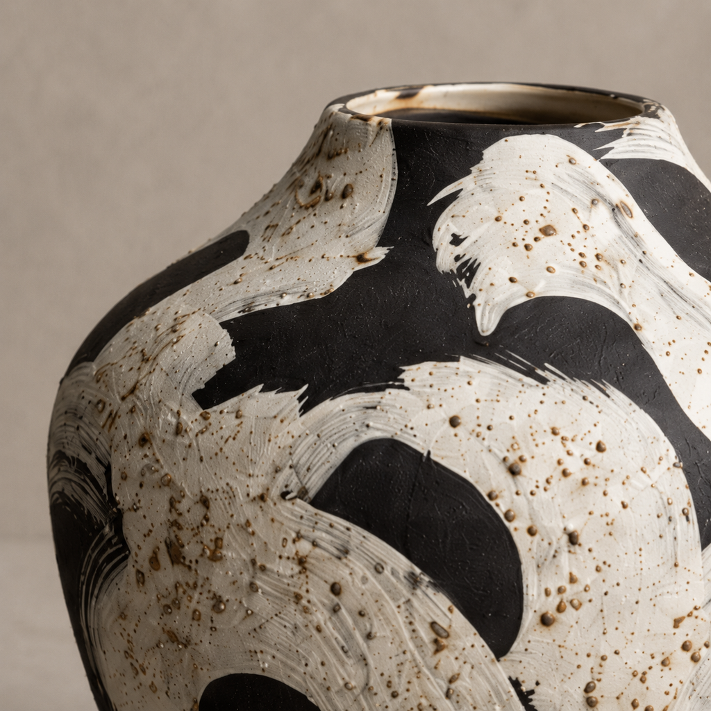Ceramic vase with black and white abstract design on a beige background