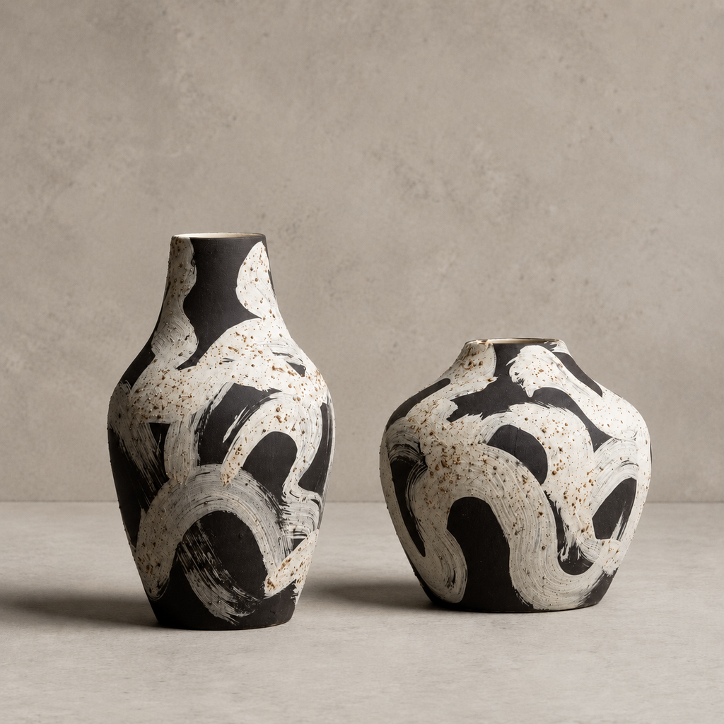 Two ceramic vases with black and white abstract patterns on a neutral background