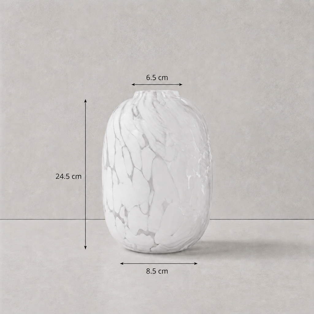White marble-textured vase with dimensions on a gray background