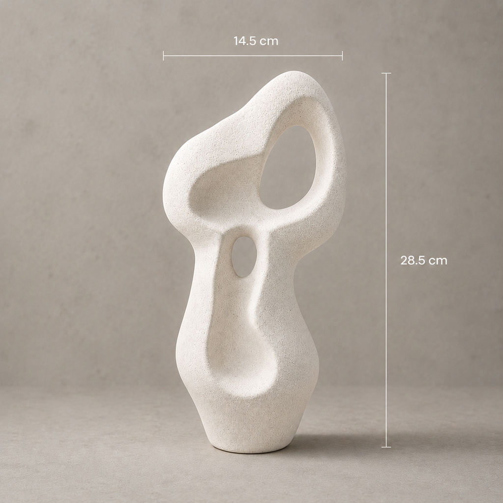 Abstract white ceramic sculpture with dimensions on a gray background