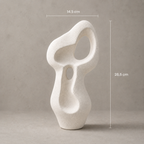 Abstract white ceramic sculpture with dimensions on a gray background