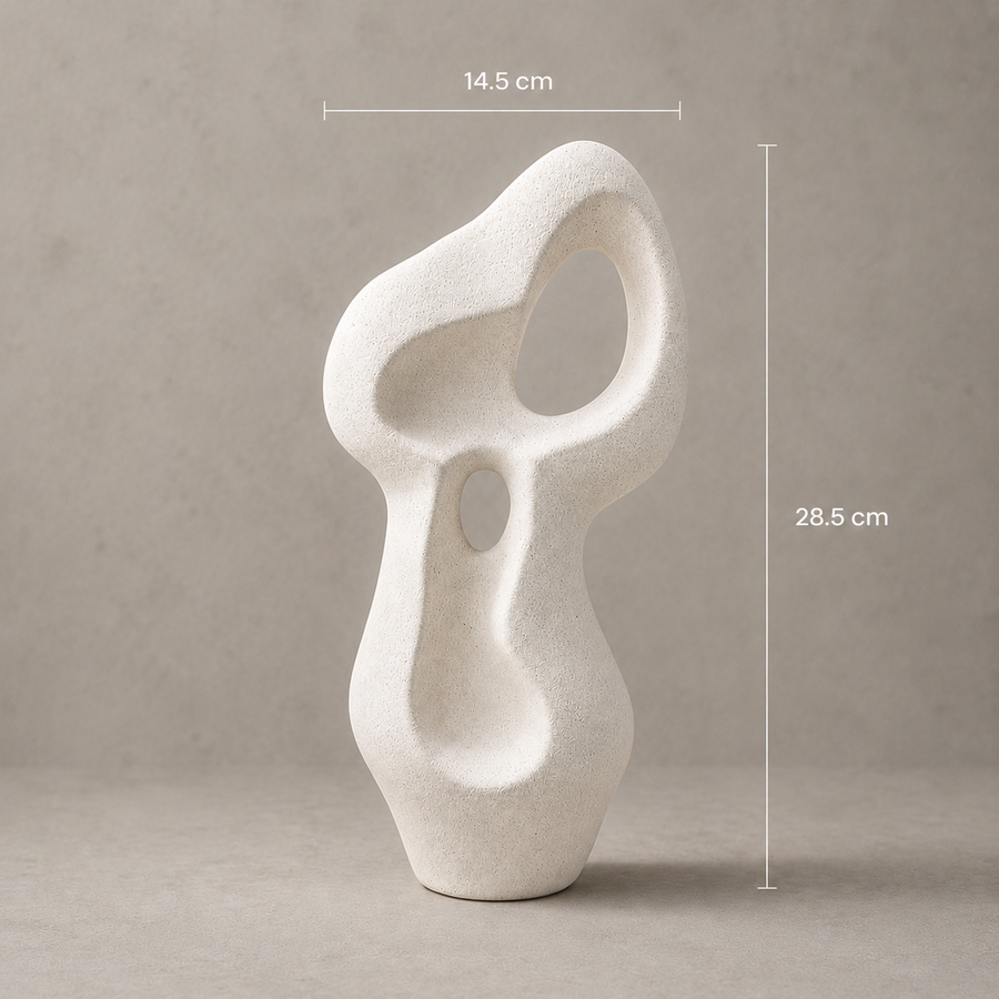 Abstract white ceramic sculpture with dimensions on a gray background